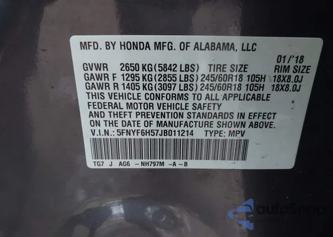 2018 Honda Pilot Ex-L из США, поврежденный, VIN 5FNYF6H57JB011214